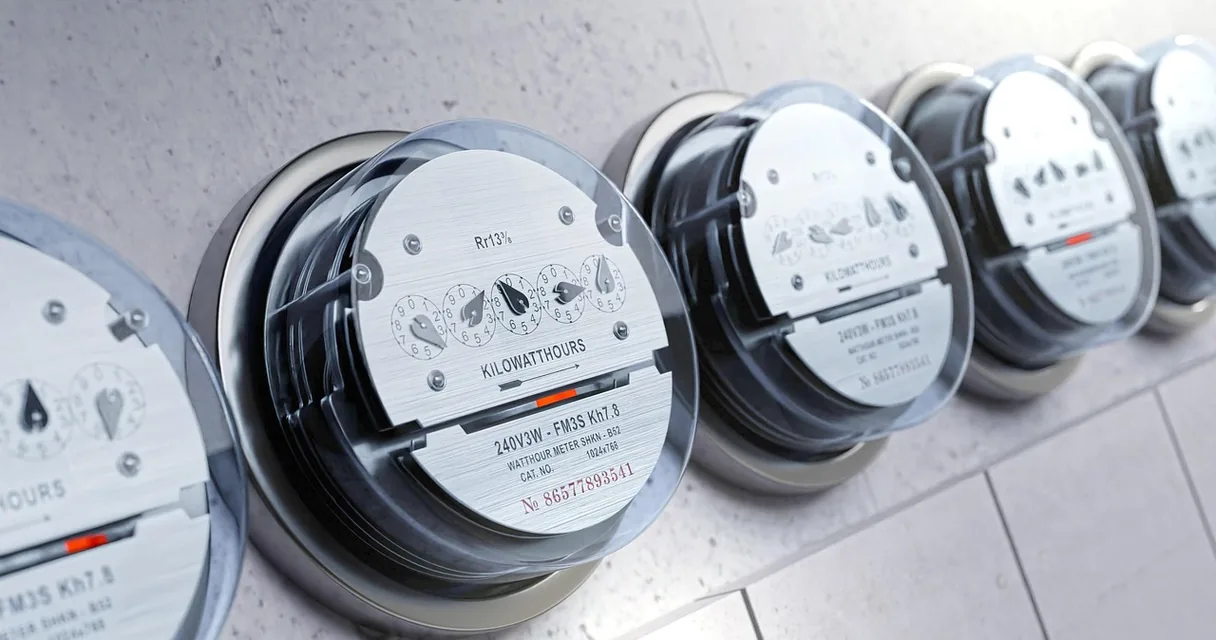 Fileira de medidores de energia elétrica presos à parede, ilustrando o consumo de energia da TV box
