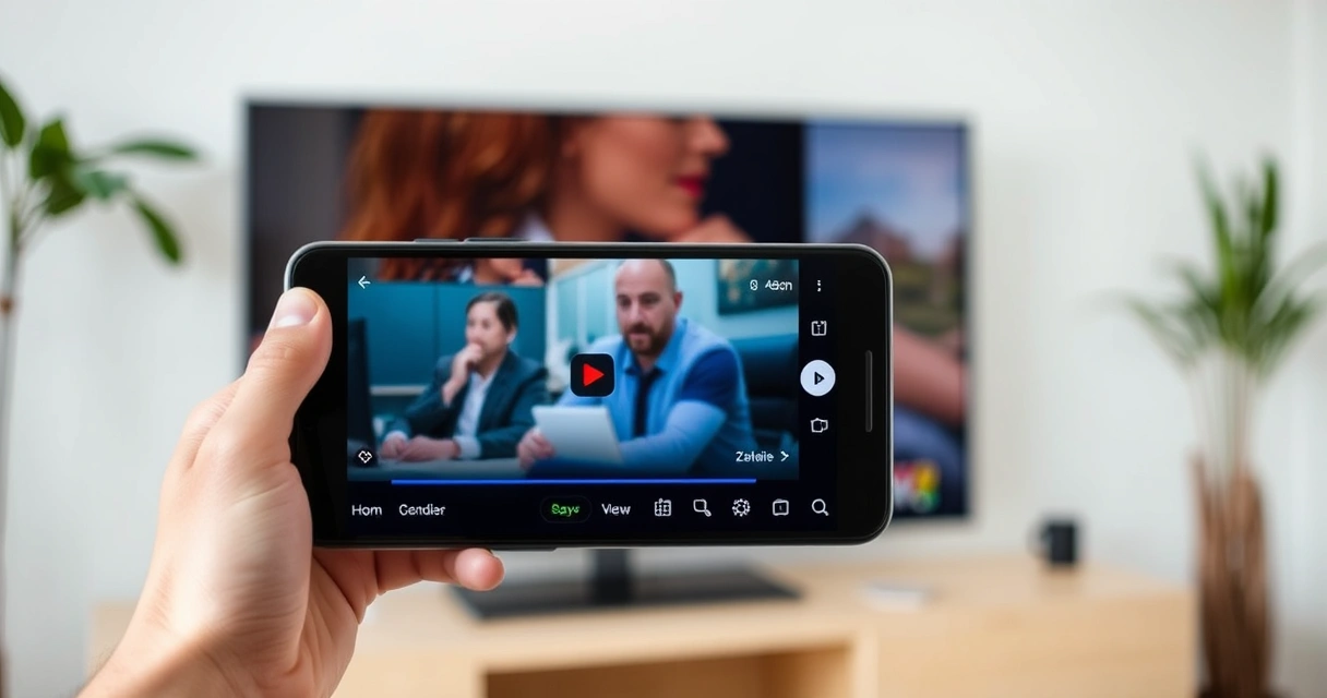 smartphone e televisão exibindo player de canais na sala